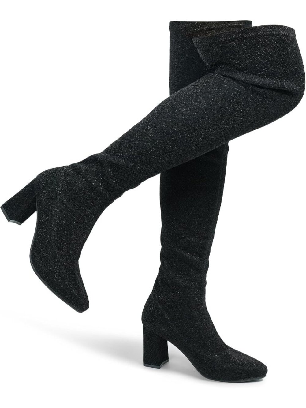 Women's Black Chunky Thigh High Boots Pointy-Toe High-Heel Over The Knee Boots